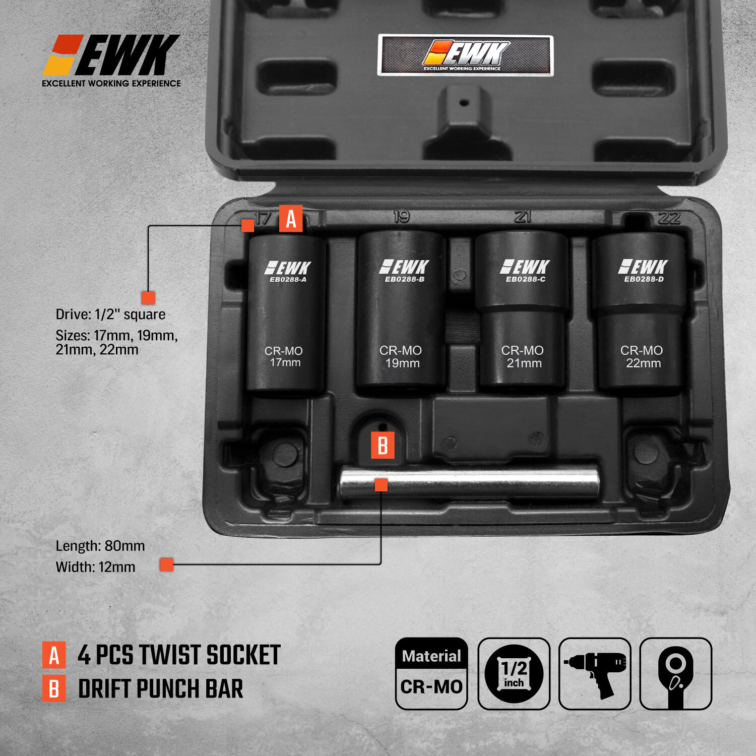 5 Pcs Lug Nut & Blot Remover Twist Socket Set | EWK