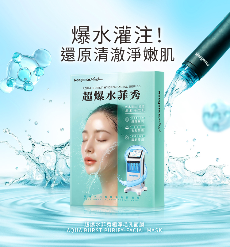 爆水灌注與還原清澈淨嫩肌,主角是超爆水菲秀極淨毛孔面膜的盒裝,屬於 AQUA BURST HYDRO-FACIAL SERIES。包裝盒上標註三大核心成分功效,包含微脂囊水楊酸能調理粉刺、金縷梅能毛孔緊緻,以及麥蘆卡蜂蜜能肌表修護。