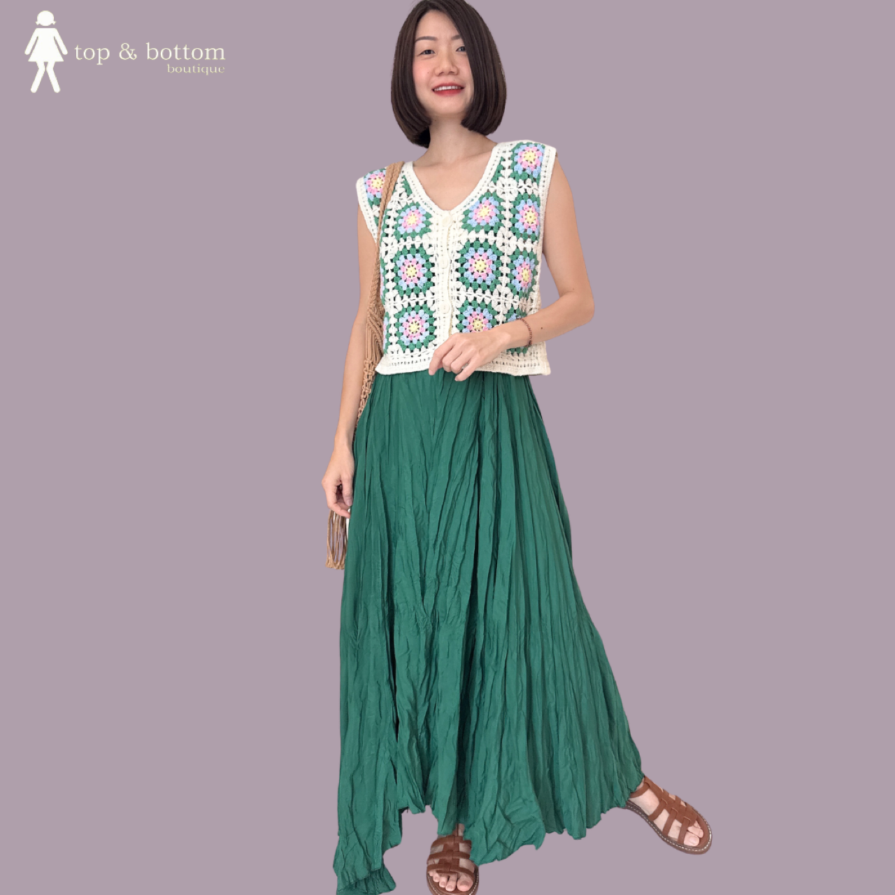 SLEEVELESS COLOURFUL FLOWER CROCHET BUTTON BLOUSE