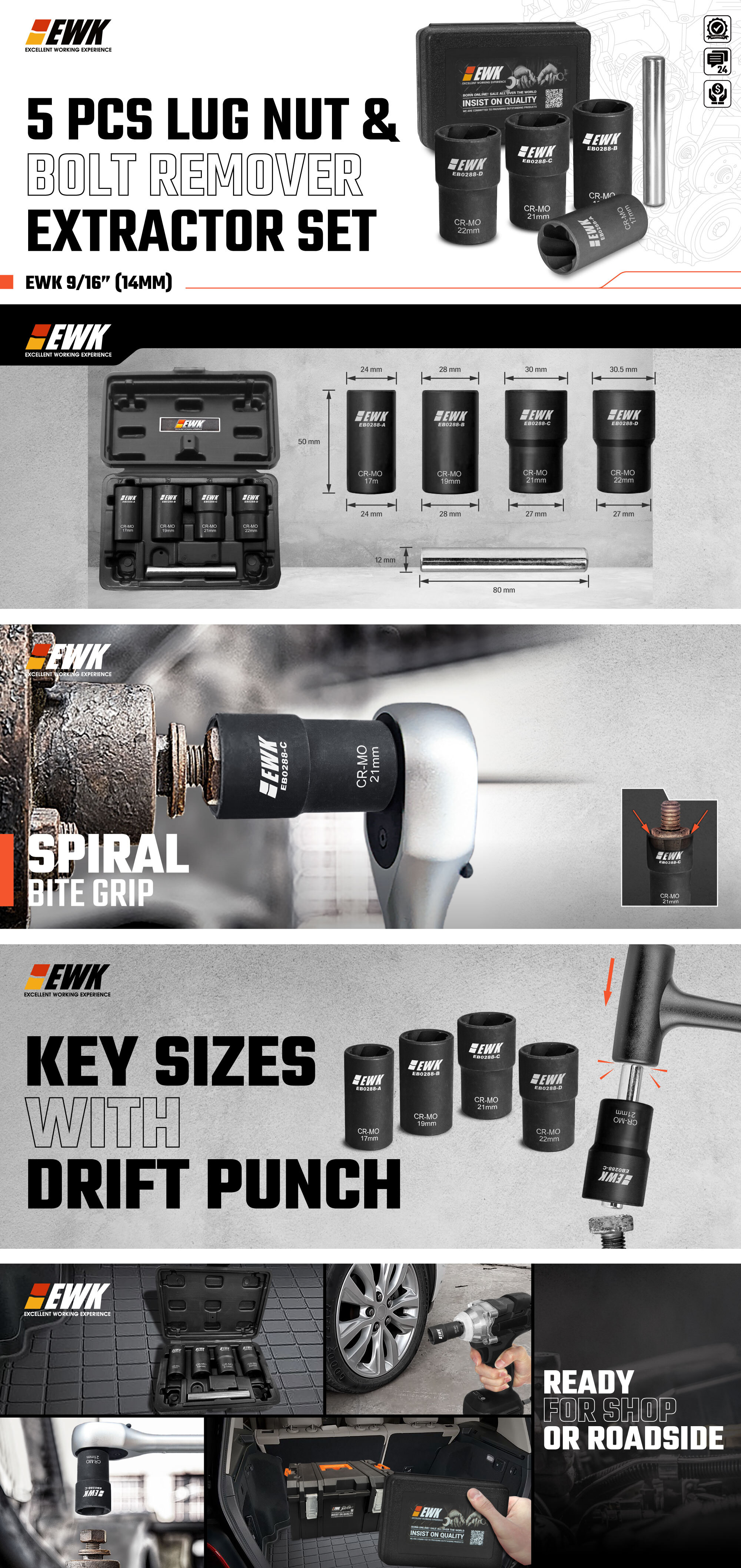 5 Pcs Lug Nut & Blot Remover Twist Socket Set | EWK