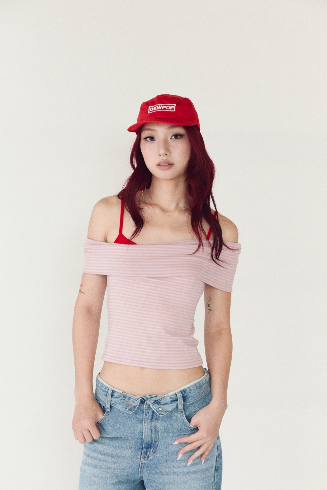 條紋平肩上衣-粉