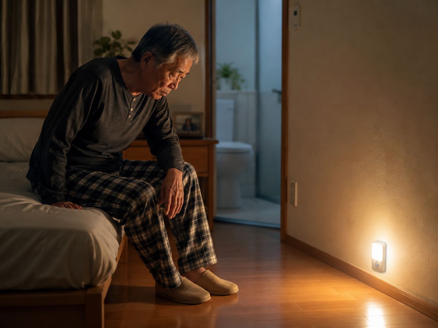 長輩半夜因夜尿起床,床邊夜燈照亮通往廁所的安全動線