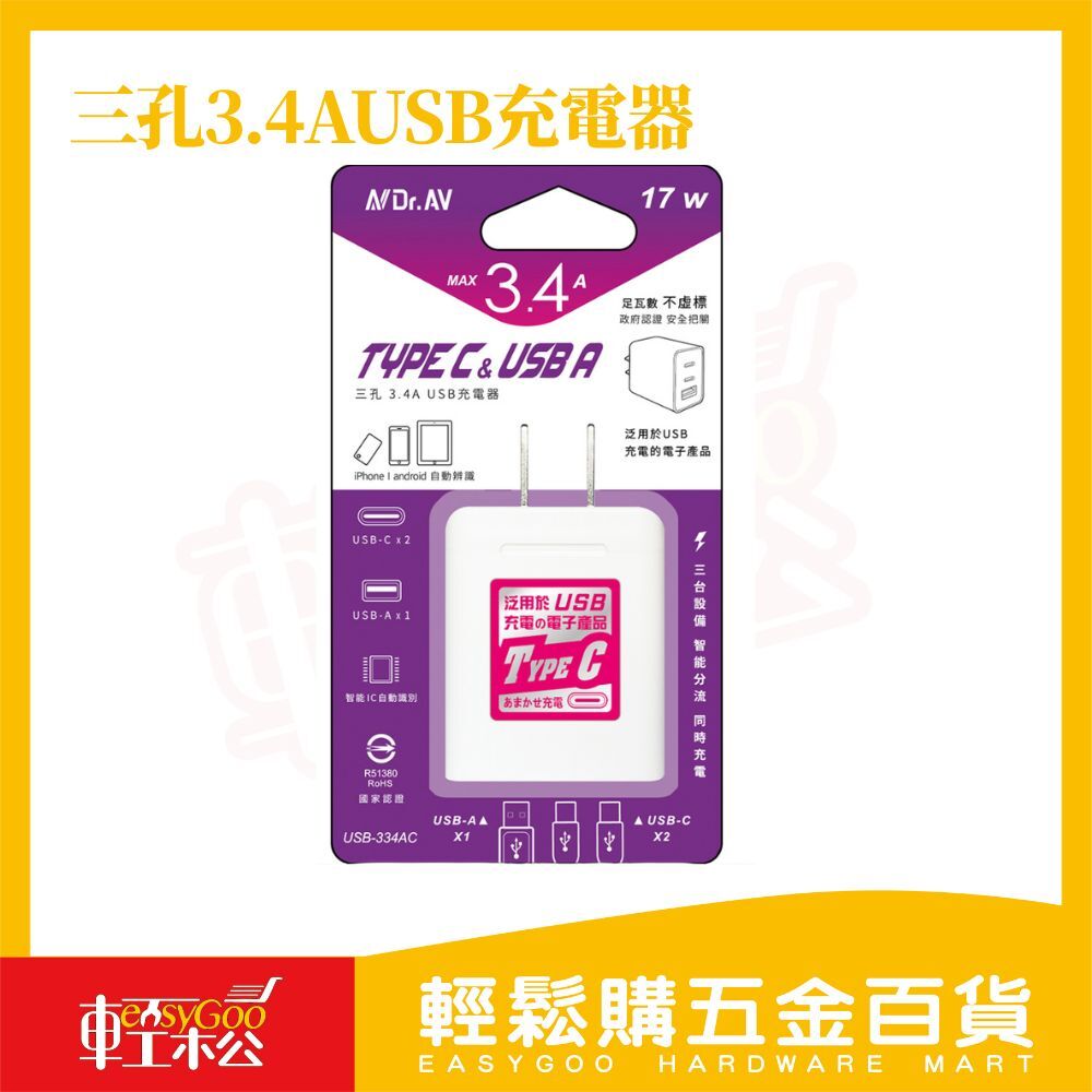 3.4AUSB充電器三孔｜17W TYPEC&USB智能分流 同時充電【輕鬆購五金百貨】