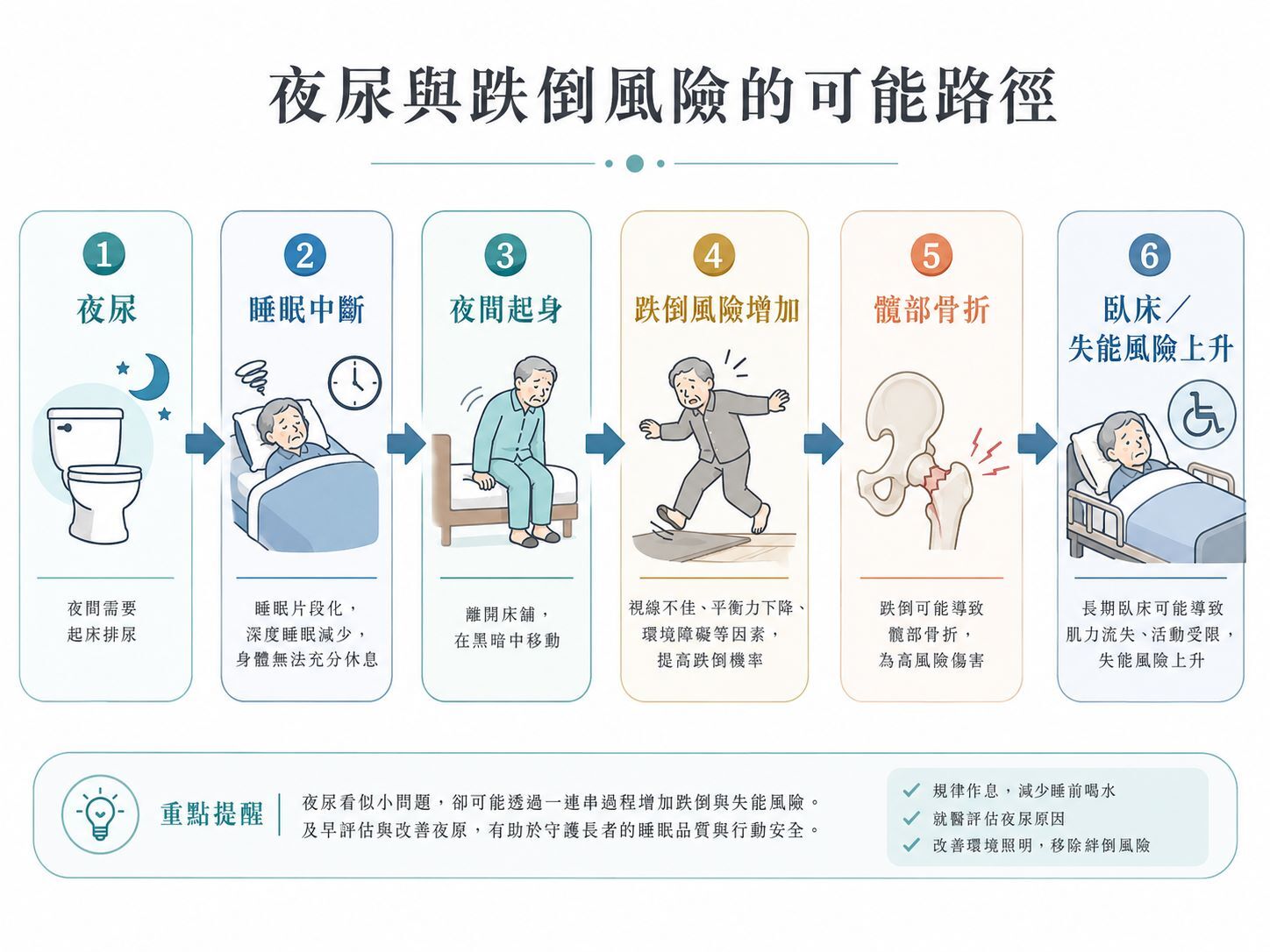 夜尿增加夜間起身次數,可能提高跌倒、髖部骨折與臥床照護風險的因果鏈示意圖