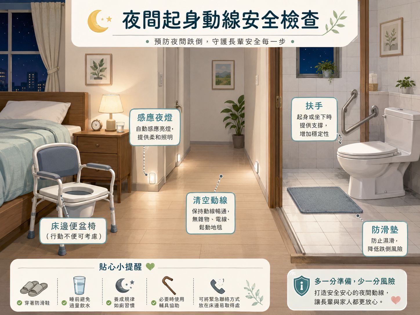 長輩夜間起床上廁所的居家防跌安全檢查,包括夜燈、防滑與扶手
