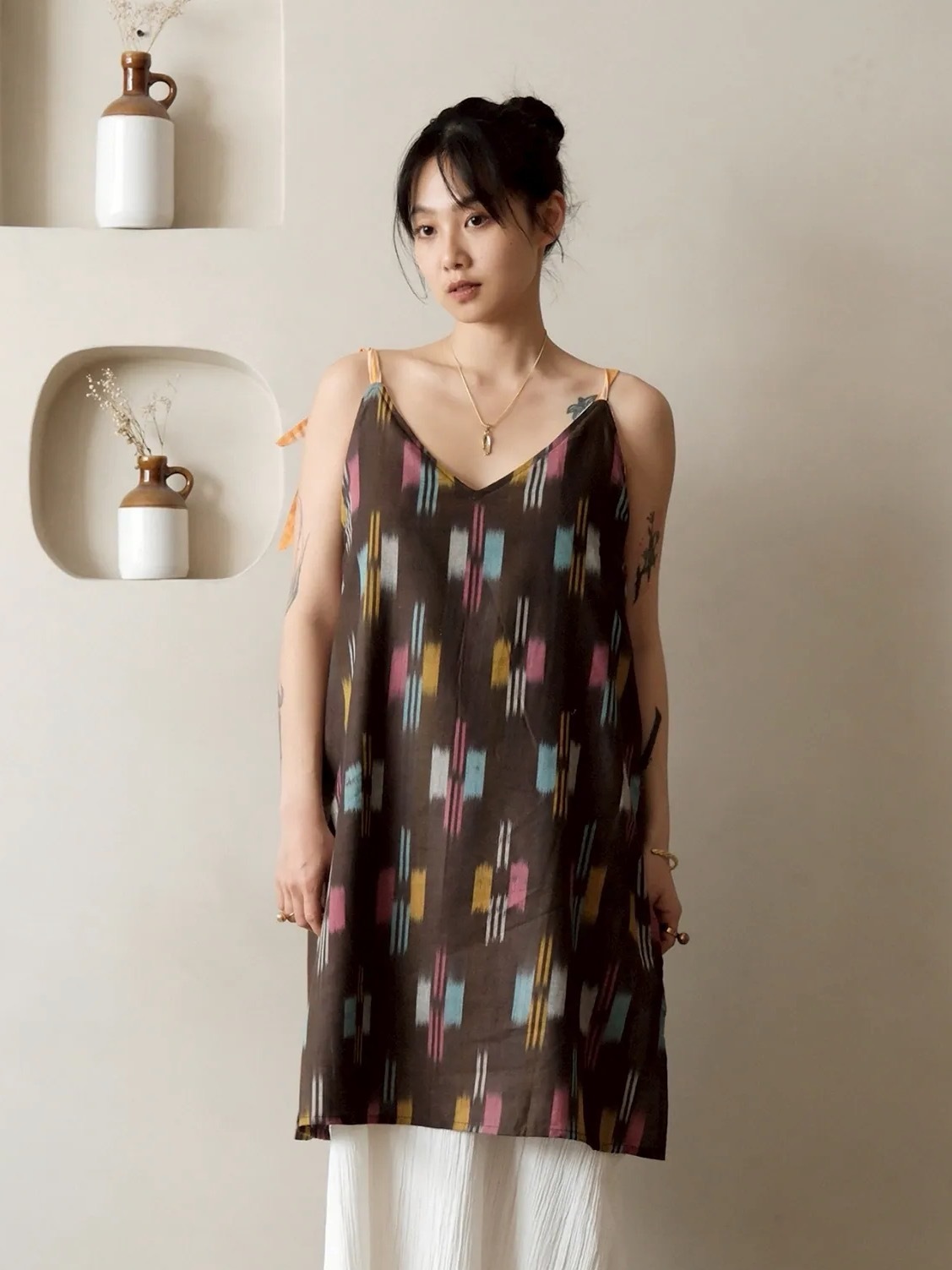 層次裙擺綁帶洋裝 / Ikat 咖啡