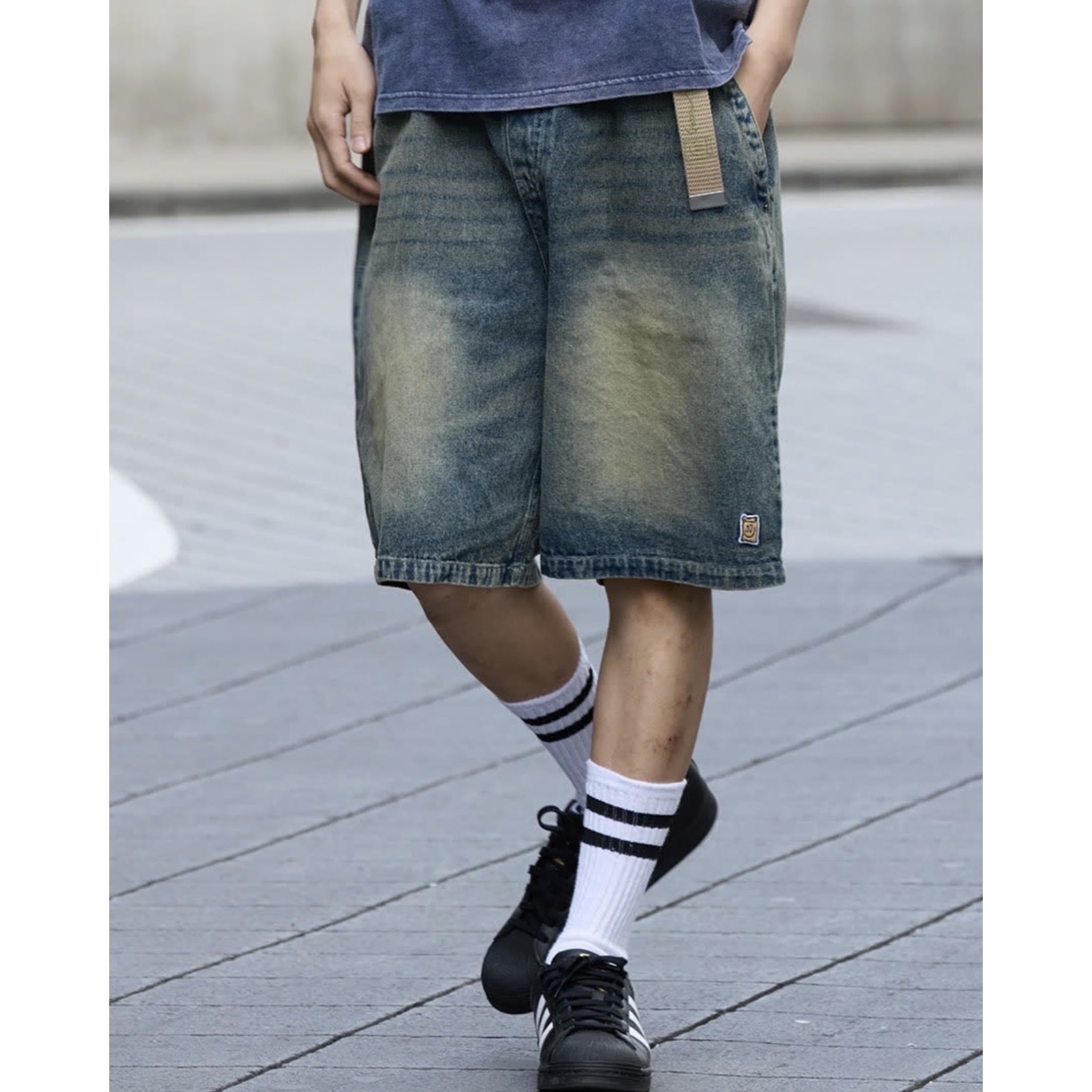 Philip Lumbang Wide denim skate shorts