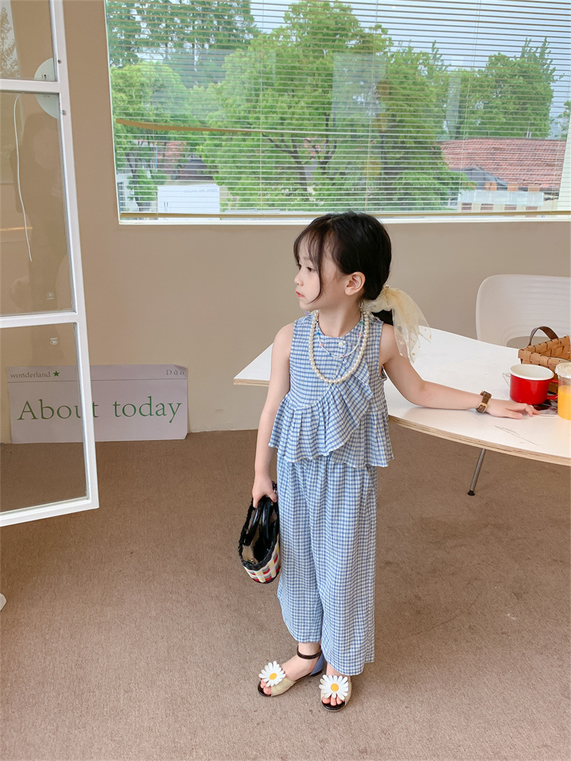 【H0839】夏季涼爽藍格無袖寬褲套裝(100-140)