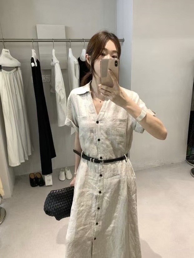 6017 附皮帶亞麻排釦洋裝