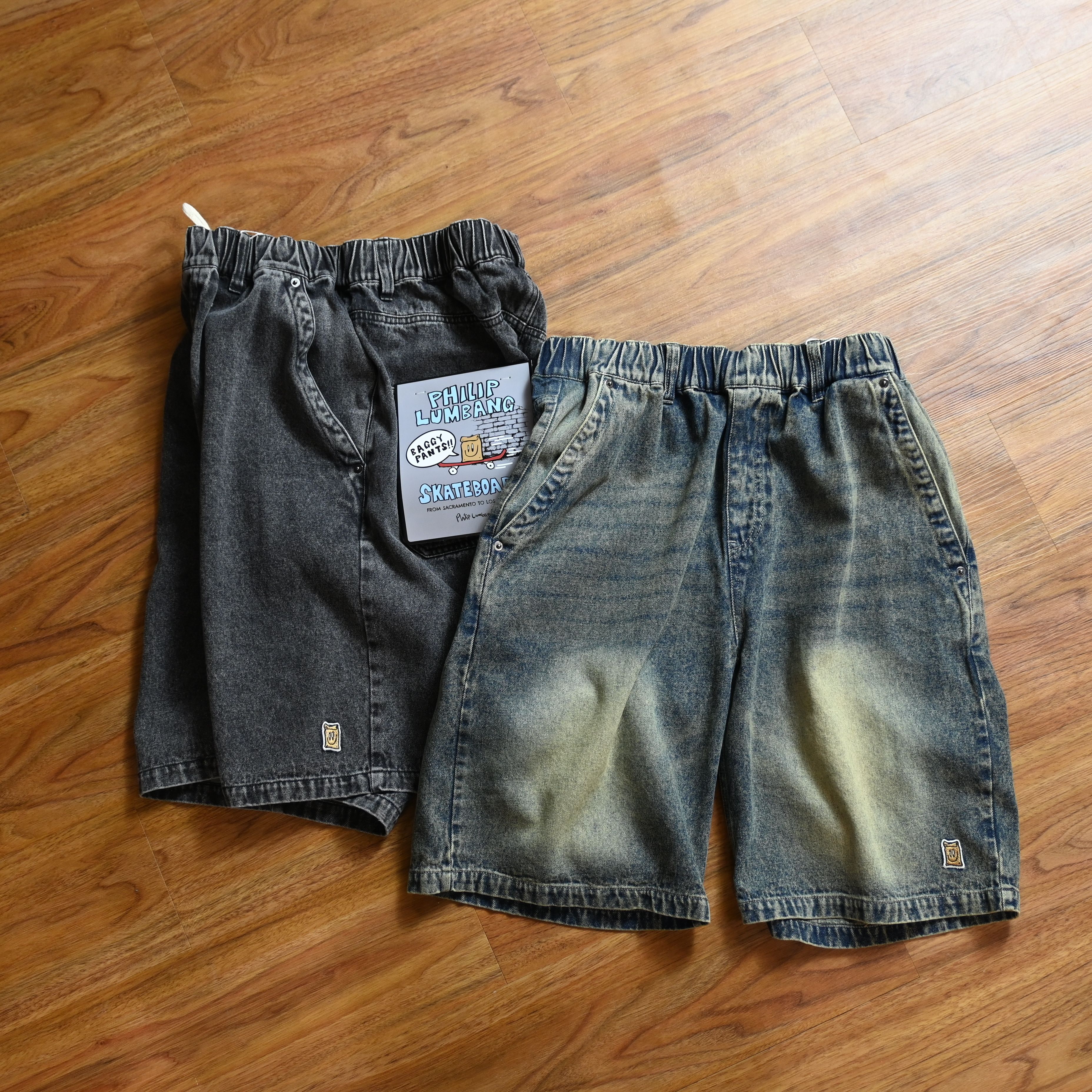 Philip Lumbang Wide denim skate shorts