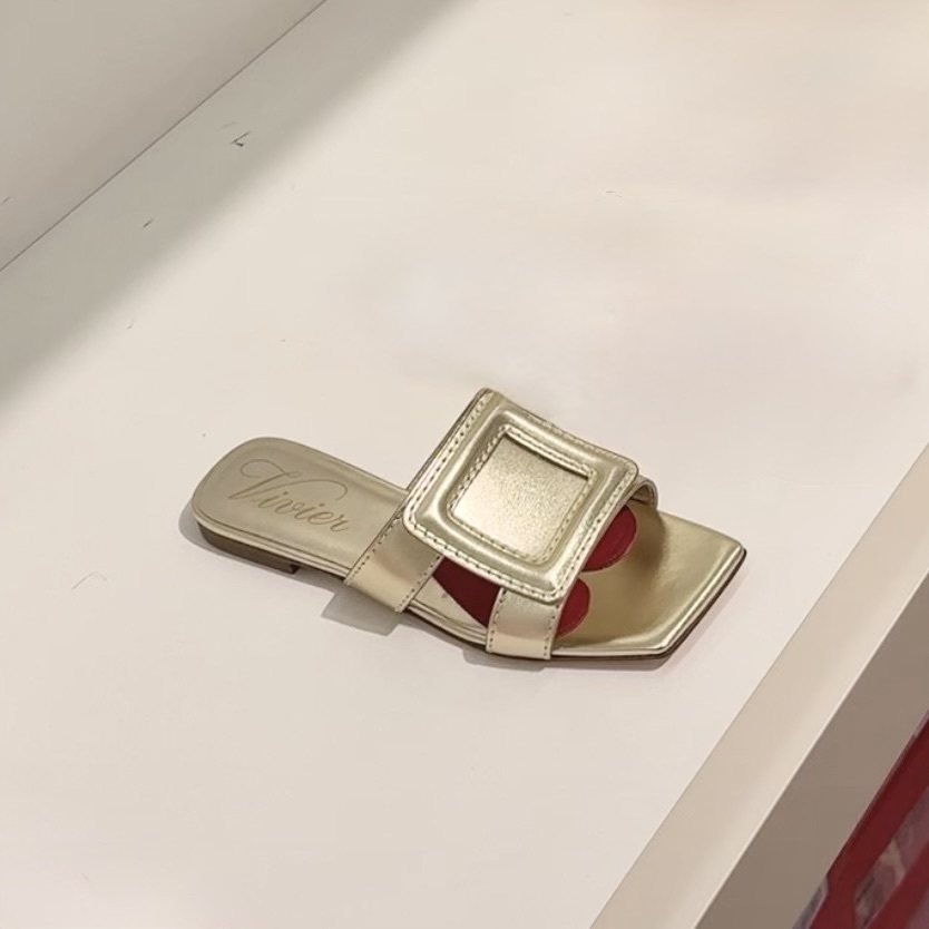 Roger Vivier RV covered buckle leather mules light gold