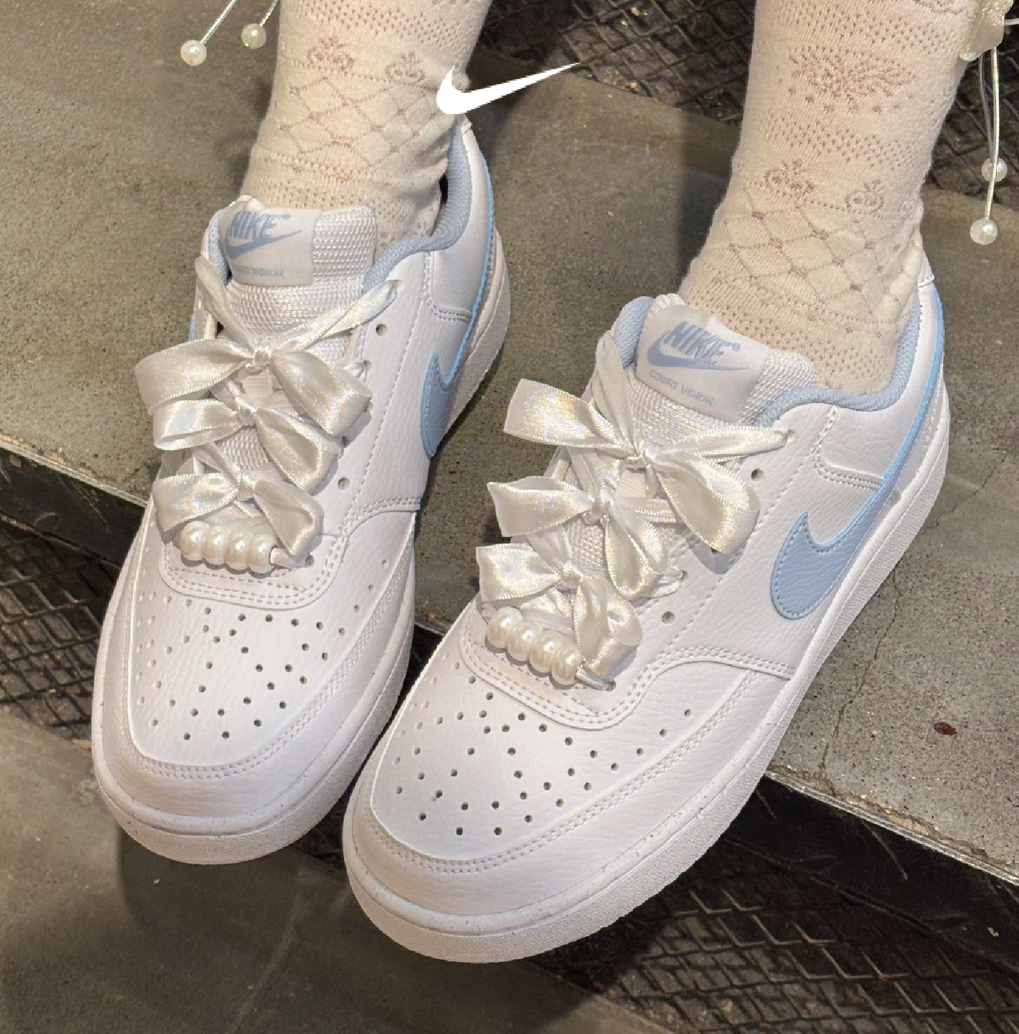 NIKE COURT VISION 海鹽奶蓋 寶寶藍 緞帶 珍珠 IB6652-102