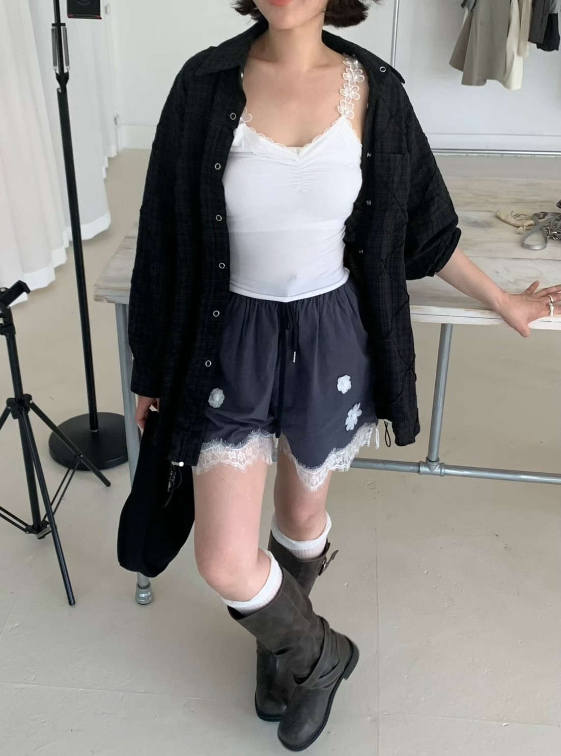 菱壓線格子縮襬長襯衫