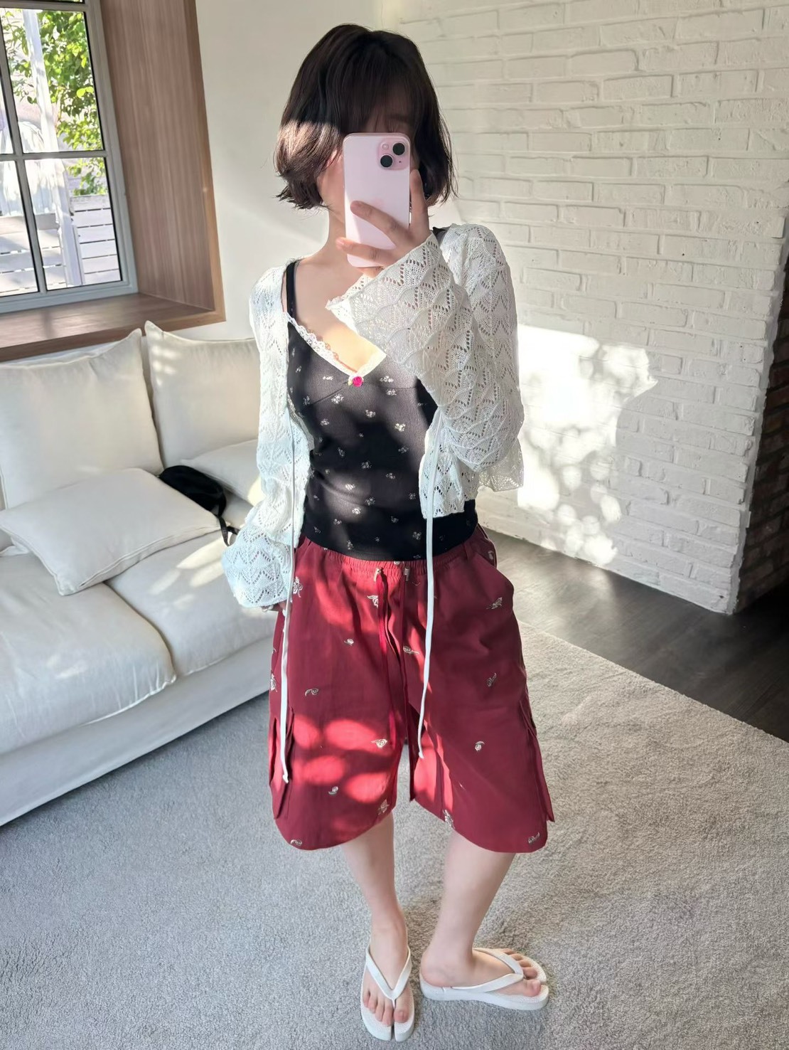 小花刺繡棉質百慕達短褲