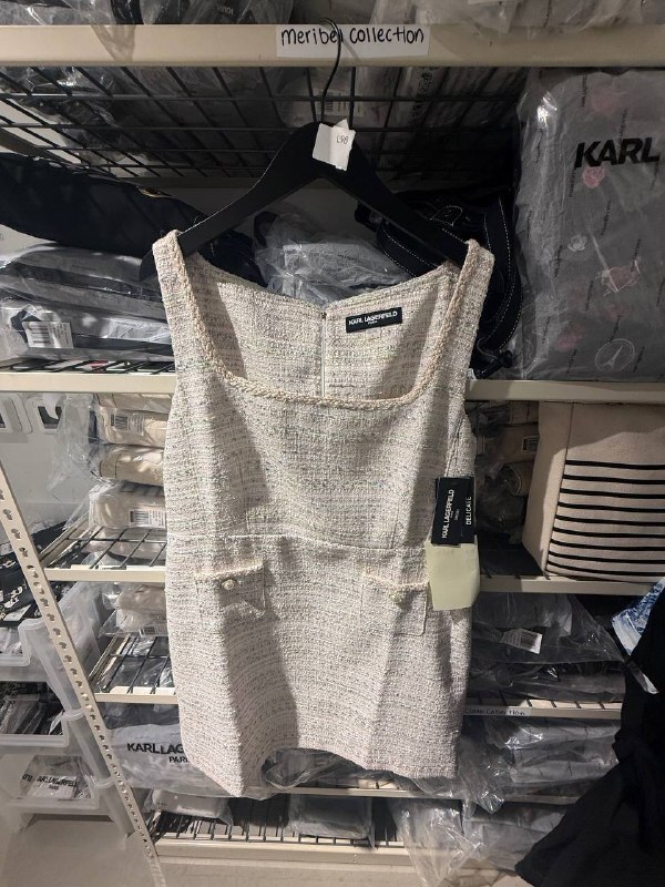 [U] KARL LAGERFELD SFT WHT MULTI WOMEN'S SLEEVELESS SQUARE NECK METALLIC TWEED A LINE DRESS, LD6T0M40-S1M (UKL98)
