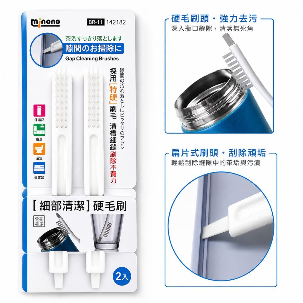 米諾諾細部清潔硬毛刷2入｜縫隙刷 清潔刷 溝槽刷 茶垢刷 水壺刷 保溫杯刷 細節刷 廚房清潔【輕鬆購五金百貨】