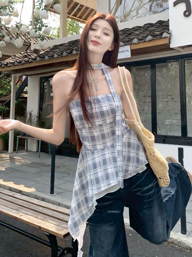 格子繞脖+平口不規則接白背心