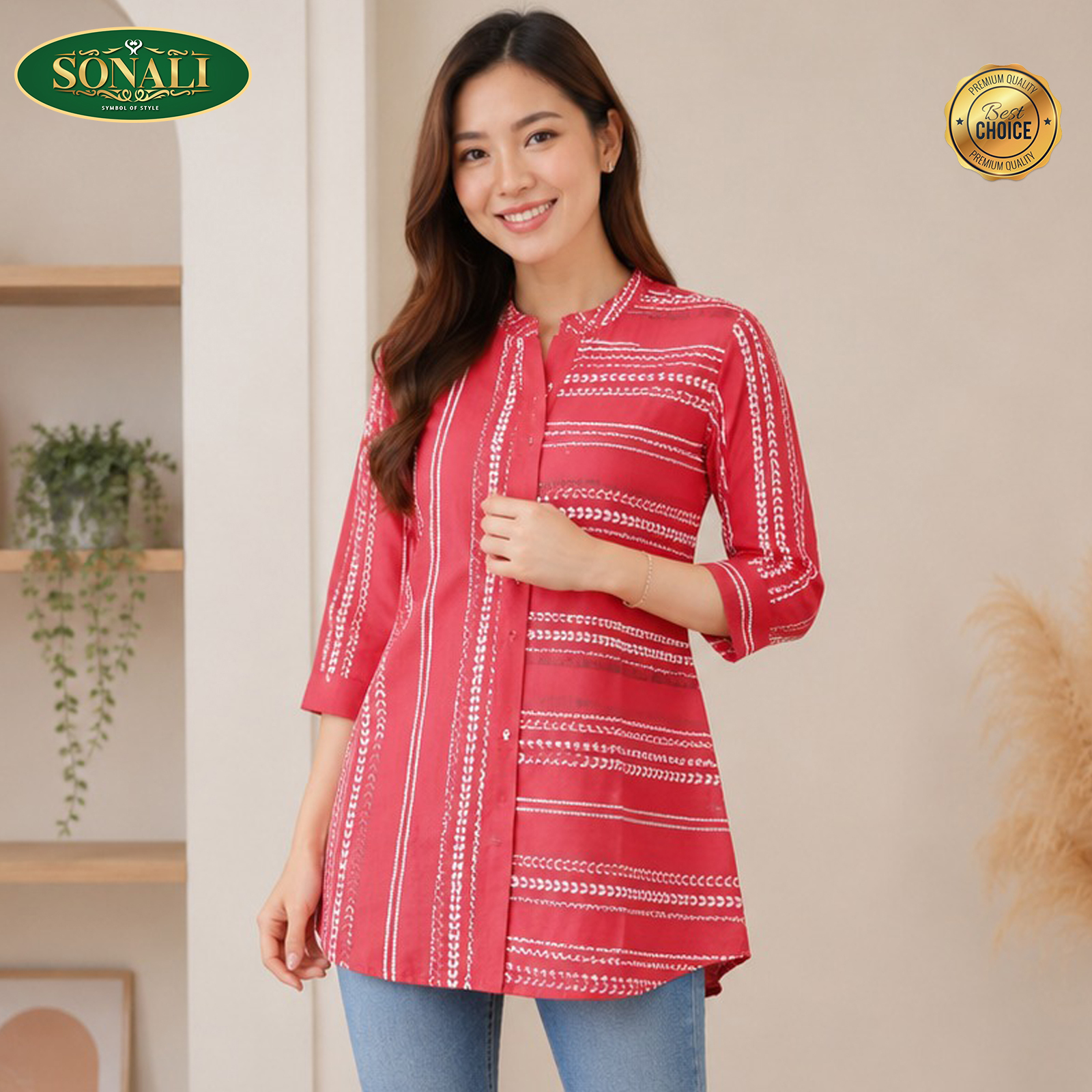 Women’s Printed Mandarin Collar 3/4 Sleeve Long Top