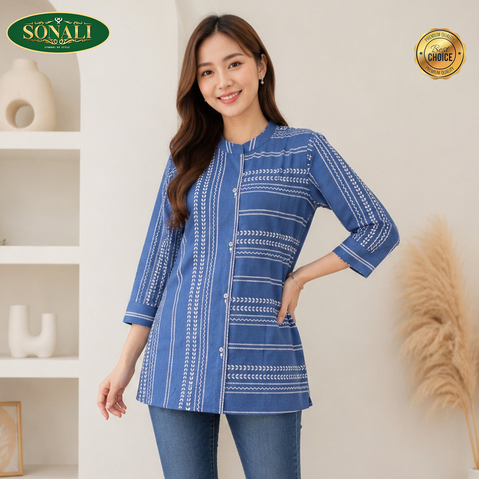 Women’s Printed Mandarin Collar 3/4 Sleeve Long Top