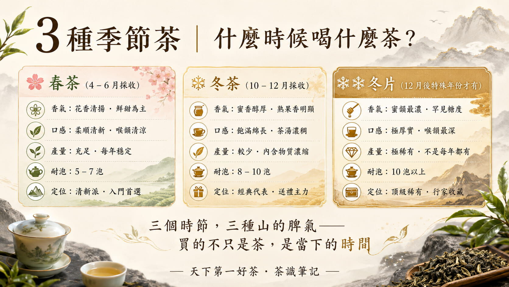 冬茶與春茶與冬片三種季節限定茶完整對照圖,採收時間、香氣、口感、產量、耐泡度、定位的差異