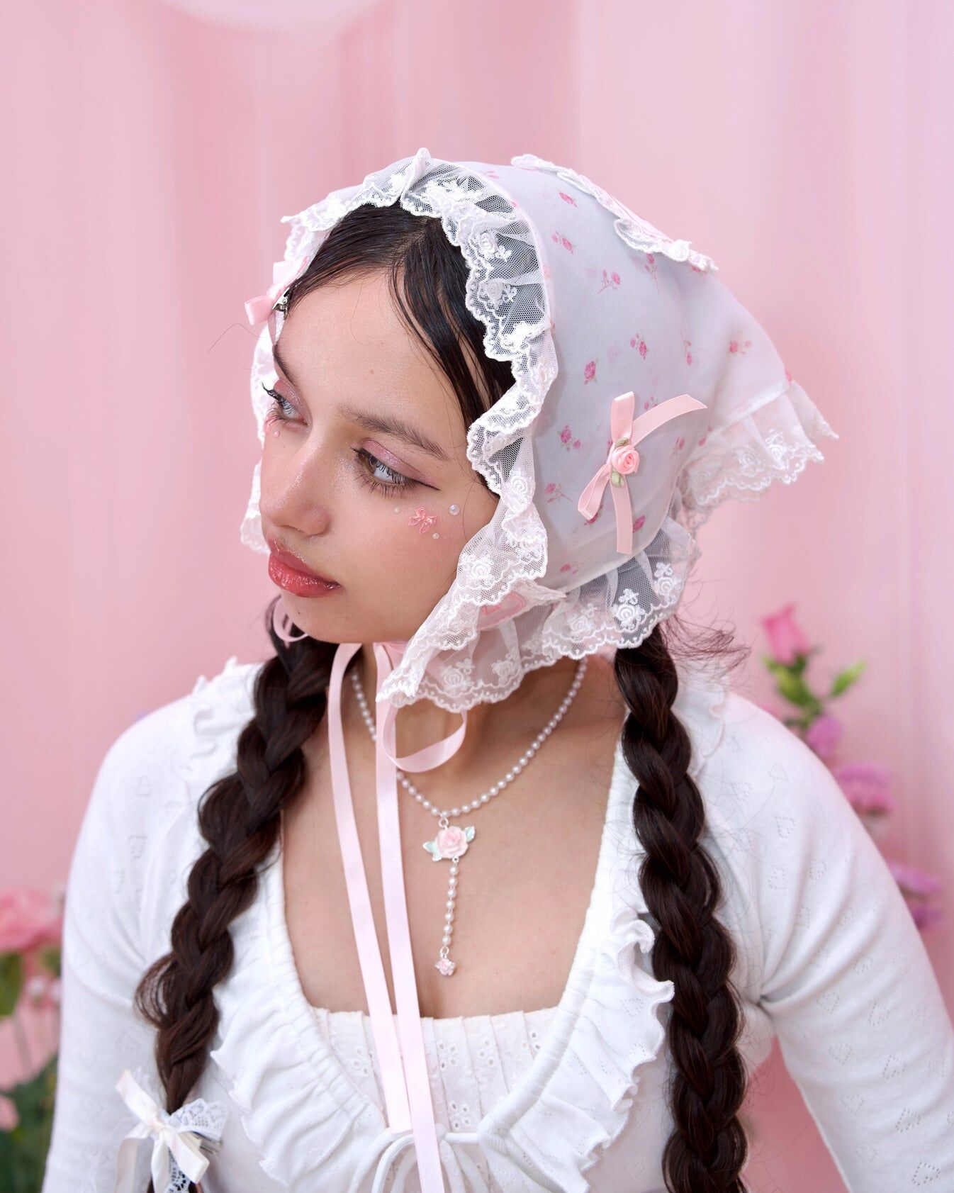 Rosy Daydream Head Scarf - White x Pink ESN013