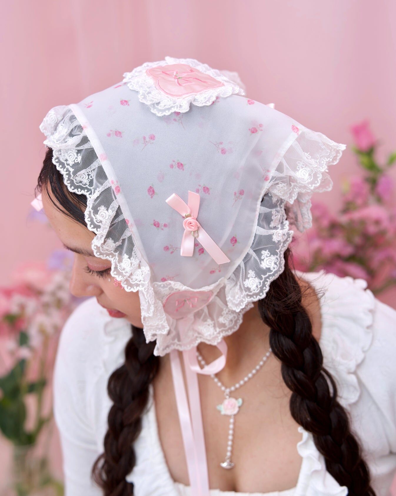 Rosy Daydream Head Scarf - White x Pink ESN013