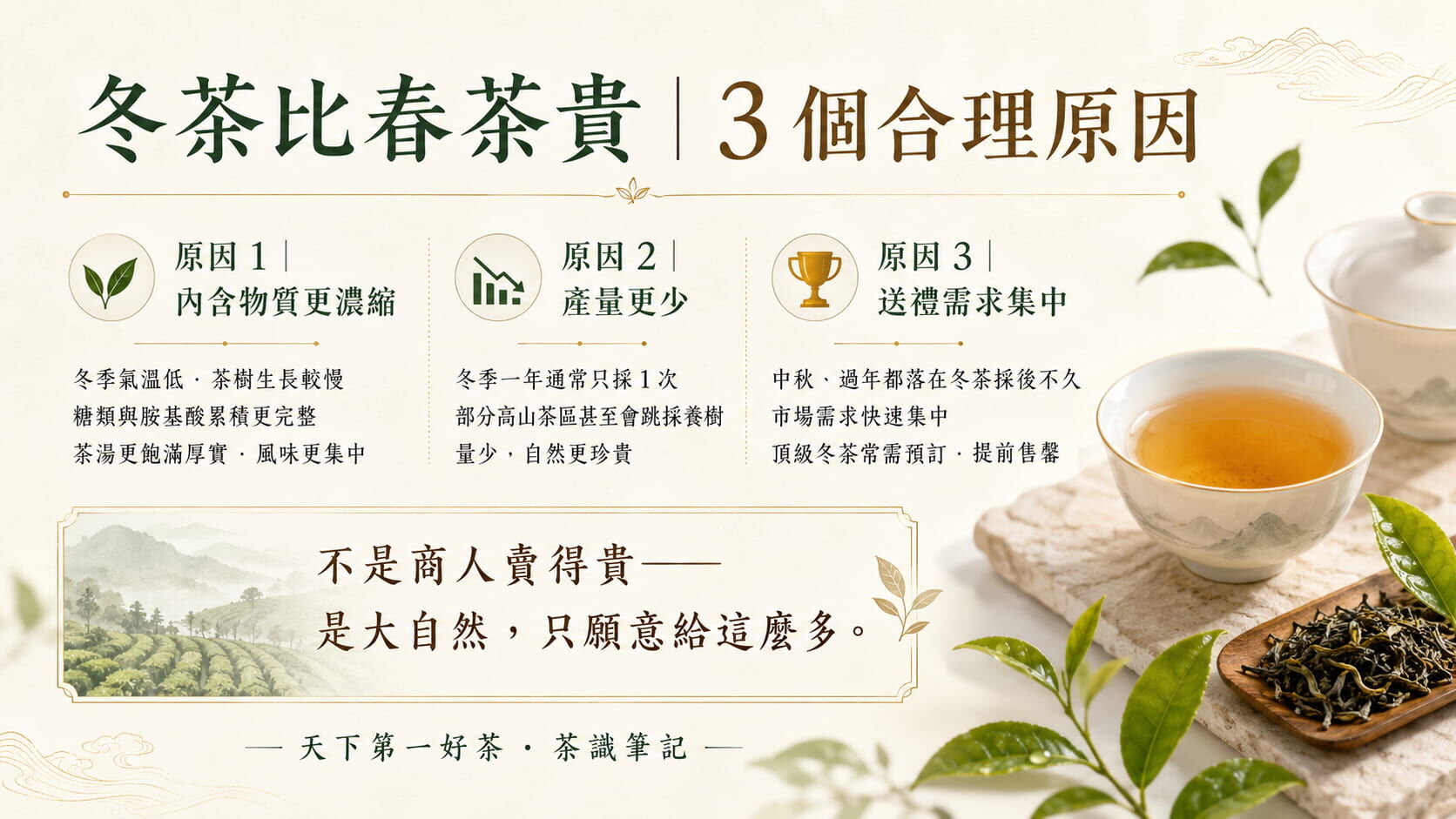 冬茶比春茶貴的三大原因圖,內含物質濃縮、產量少、送禮需求集中