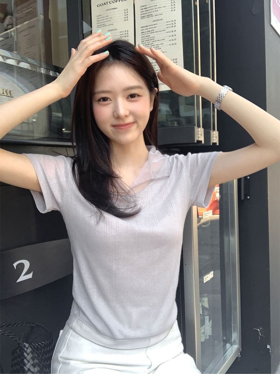 韓國Cherrykoko授權 溫柔美人雪紡層疊領羅紋上衣