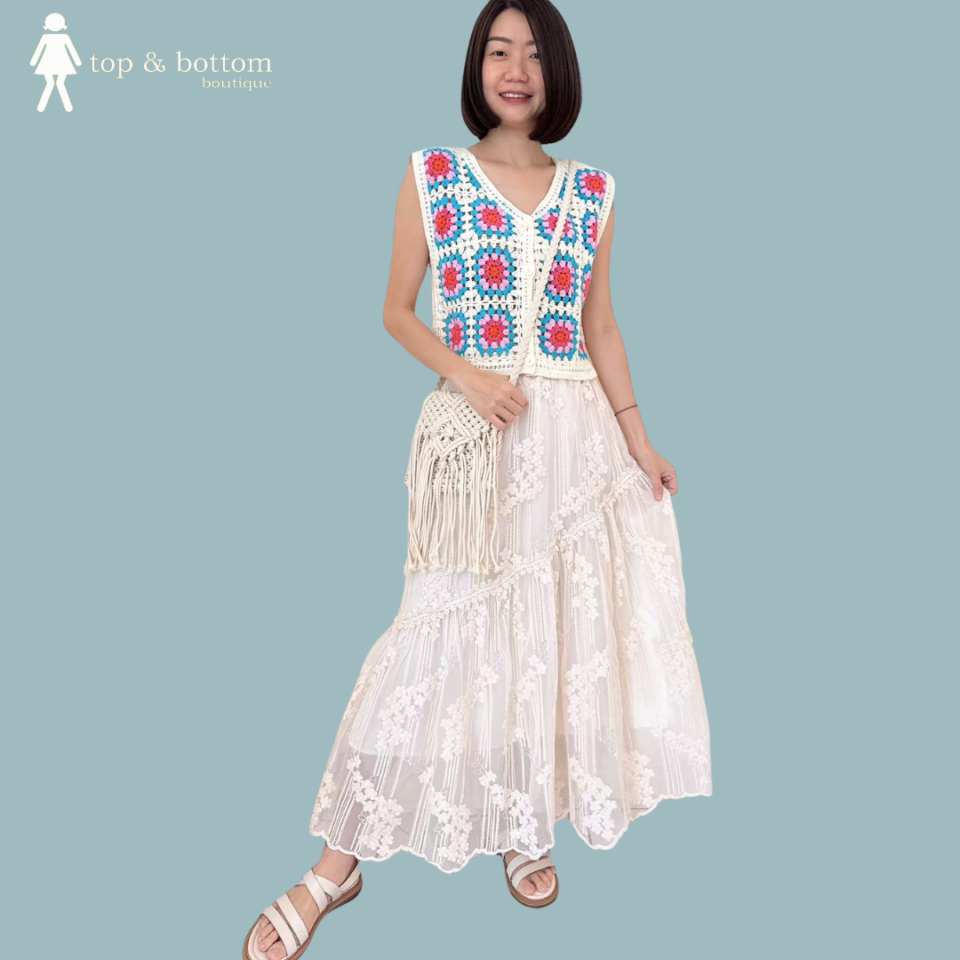 ELASTIC WAISTED LACE EMBROIDERY SKIRT