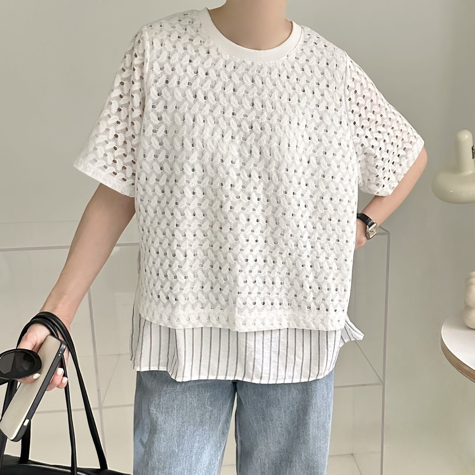 【BONNIE】通窿拼條子兩層短袖TOP (A17-A18)