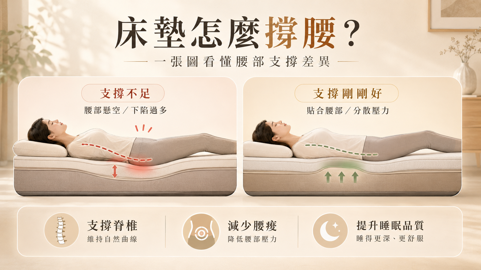 床墊支撐腰部與脊椎曲線示意圖