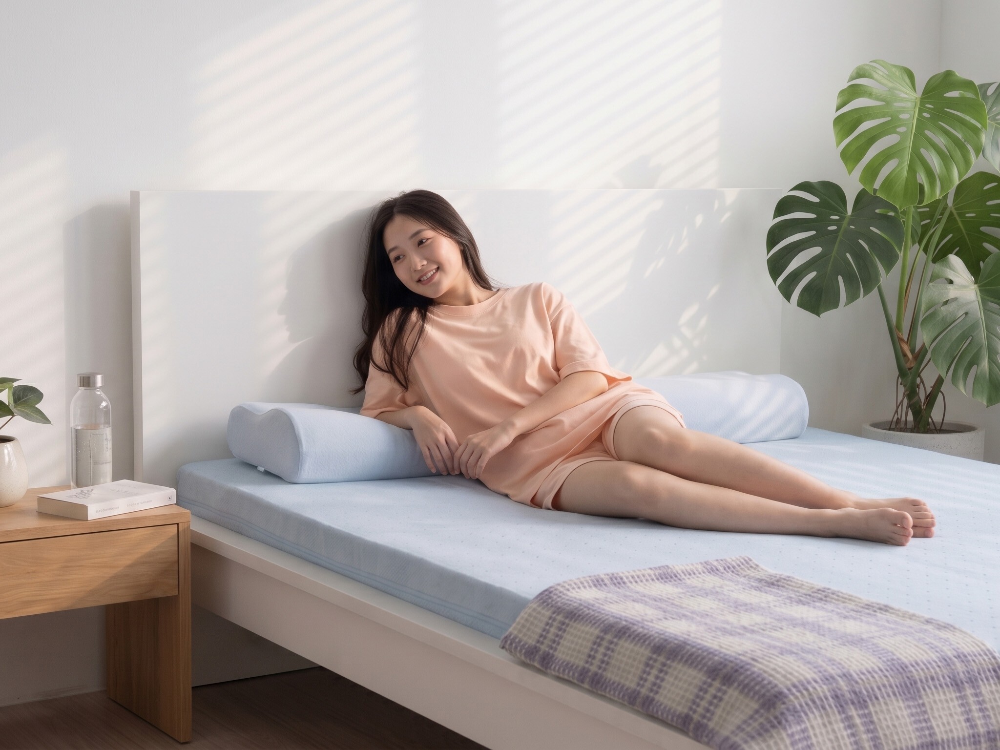 女性在森好眠吸濕排汗乳膠床墊上雙手上舉伸展，晨起神清氣爽，整夜乾爽舒適