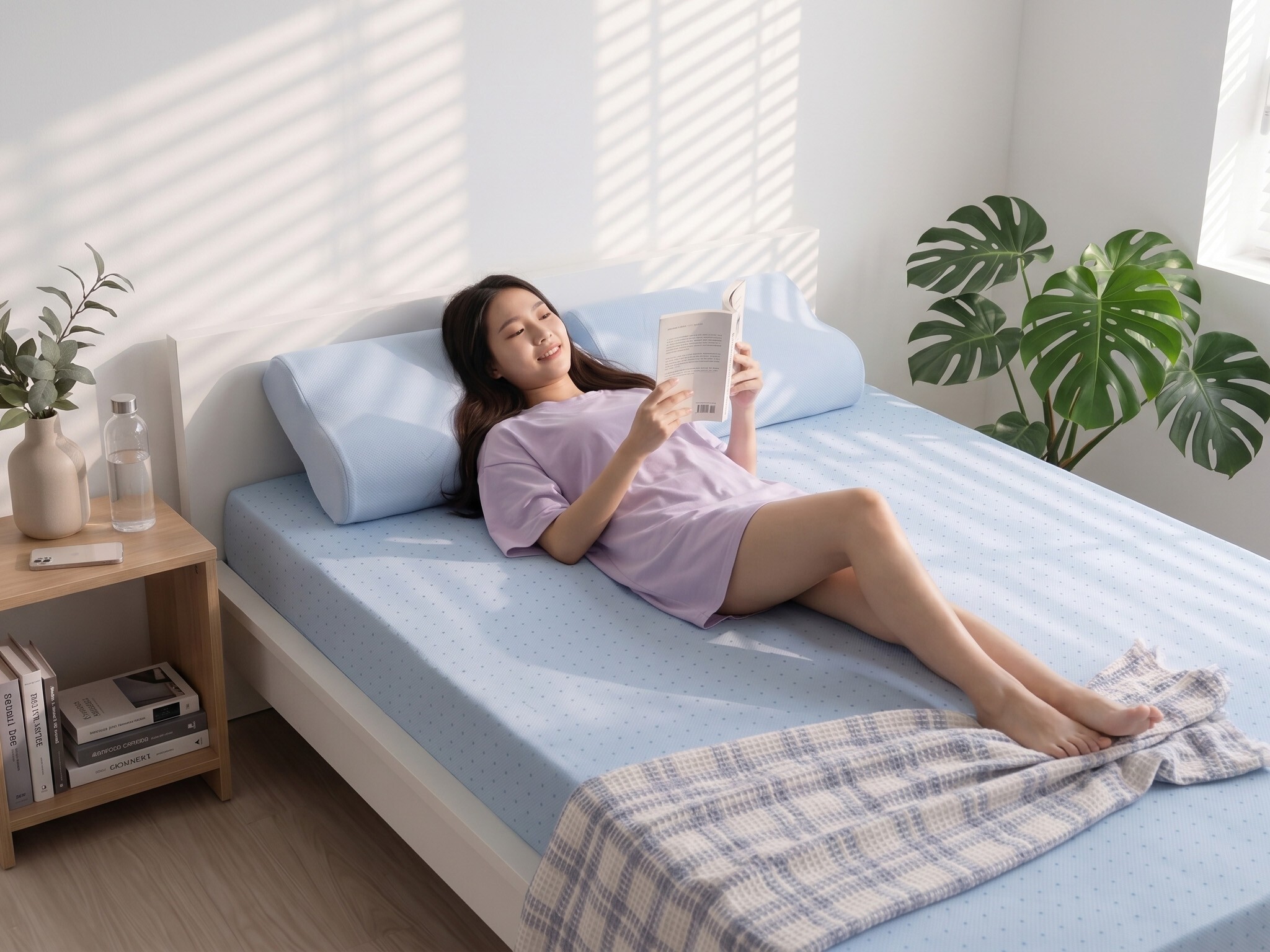 女性正躺在森好眠乳膠床墊上，腰部與背部獲得均勻支撐