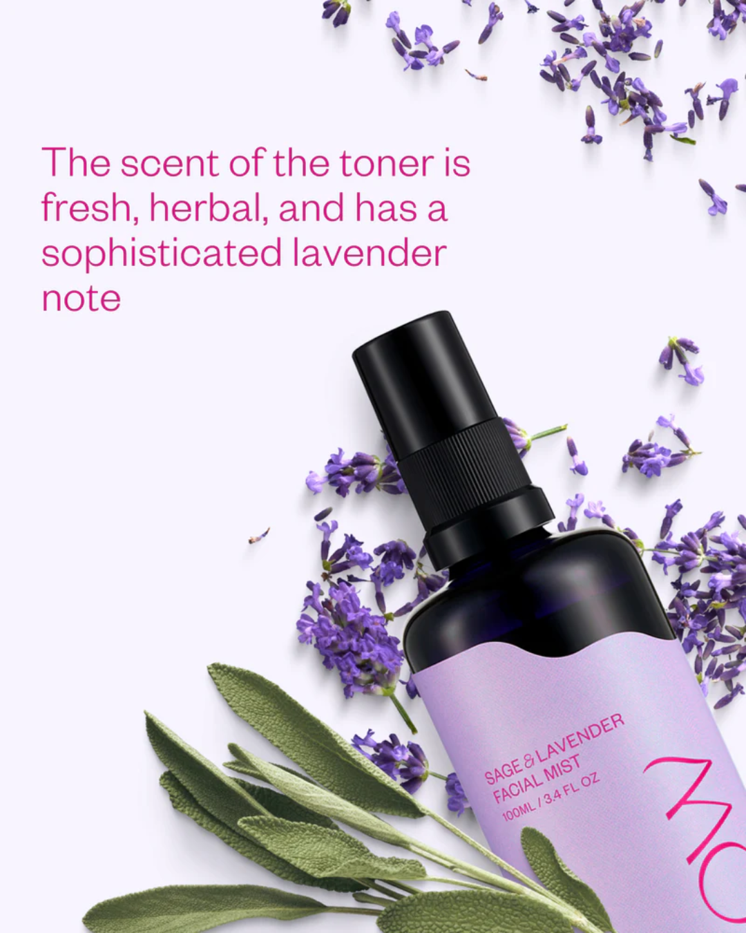 A high-end minimalist composition showing a close-up of the Flow Cosmetics Sage and Lavender Facial Mist bottle nestled among fresh green sage leaves and purple lavender blossoms on a clean white background.