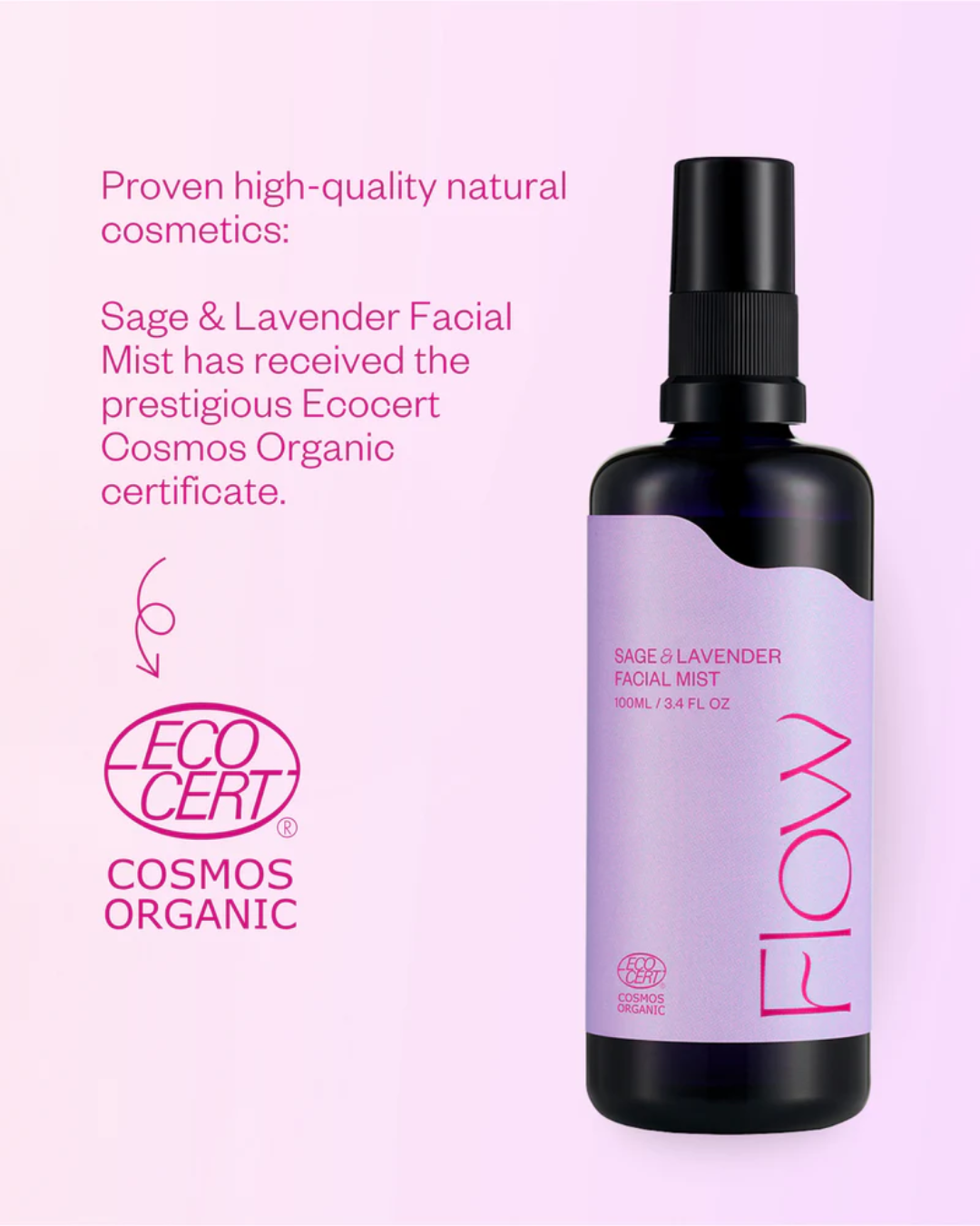 The premium dark amber bottle of Flow Cosmetics Sage and Lavender Facial Mist showcased alongside the official Ecocert Cosmos Organic certification seal on a minimalist pink and purple gradient background.