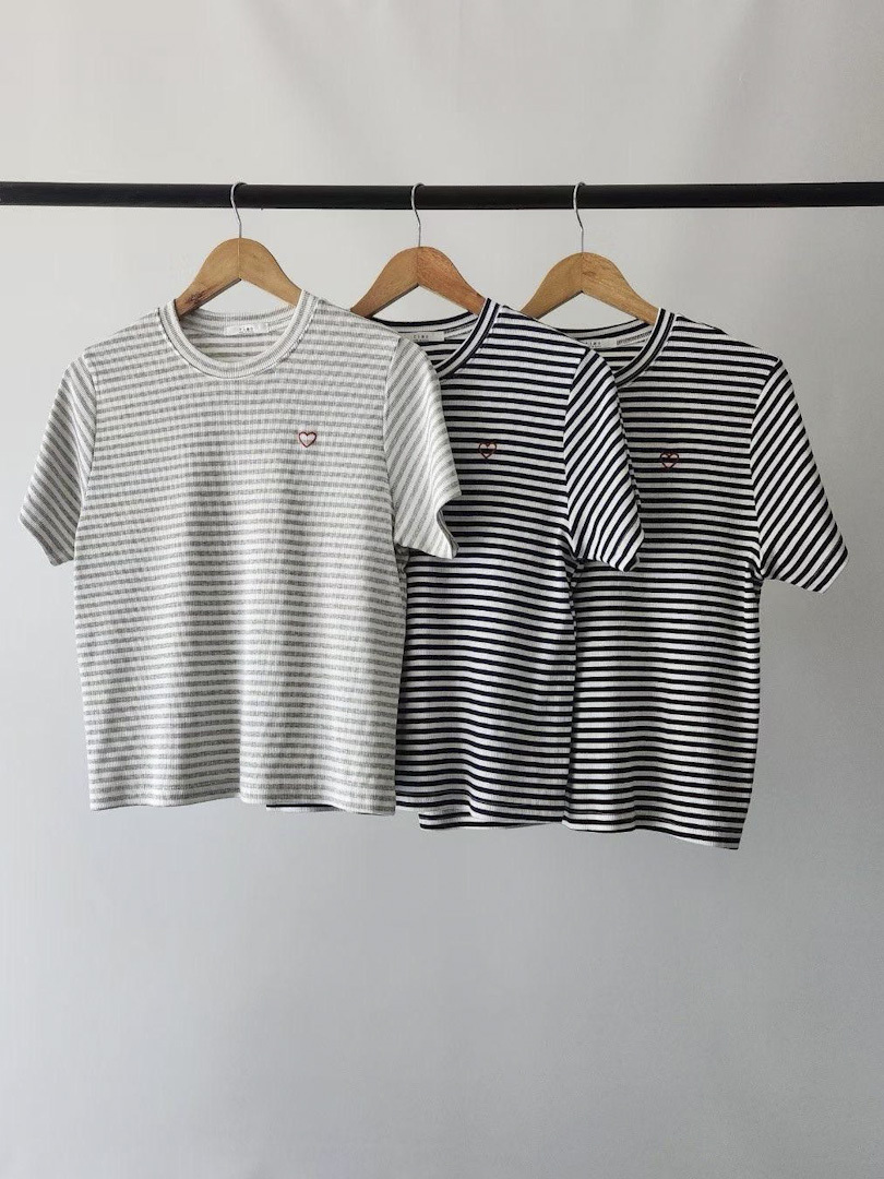 愛心刺繡條紋系列★日系顯瘦短袖棉T