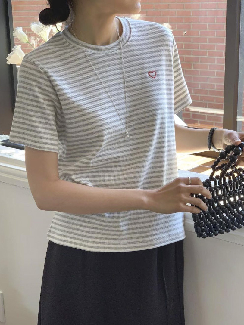 愛心刺繡條紋系列★日系顯瘦短袖棉T