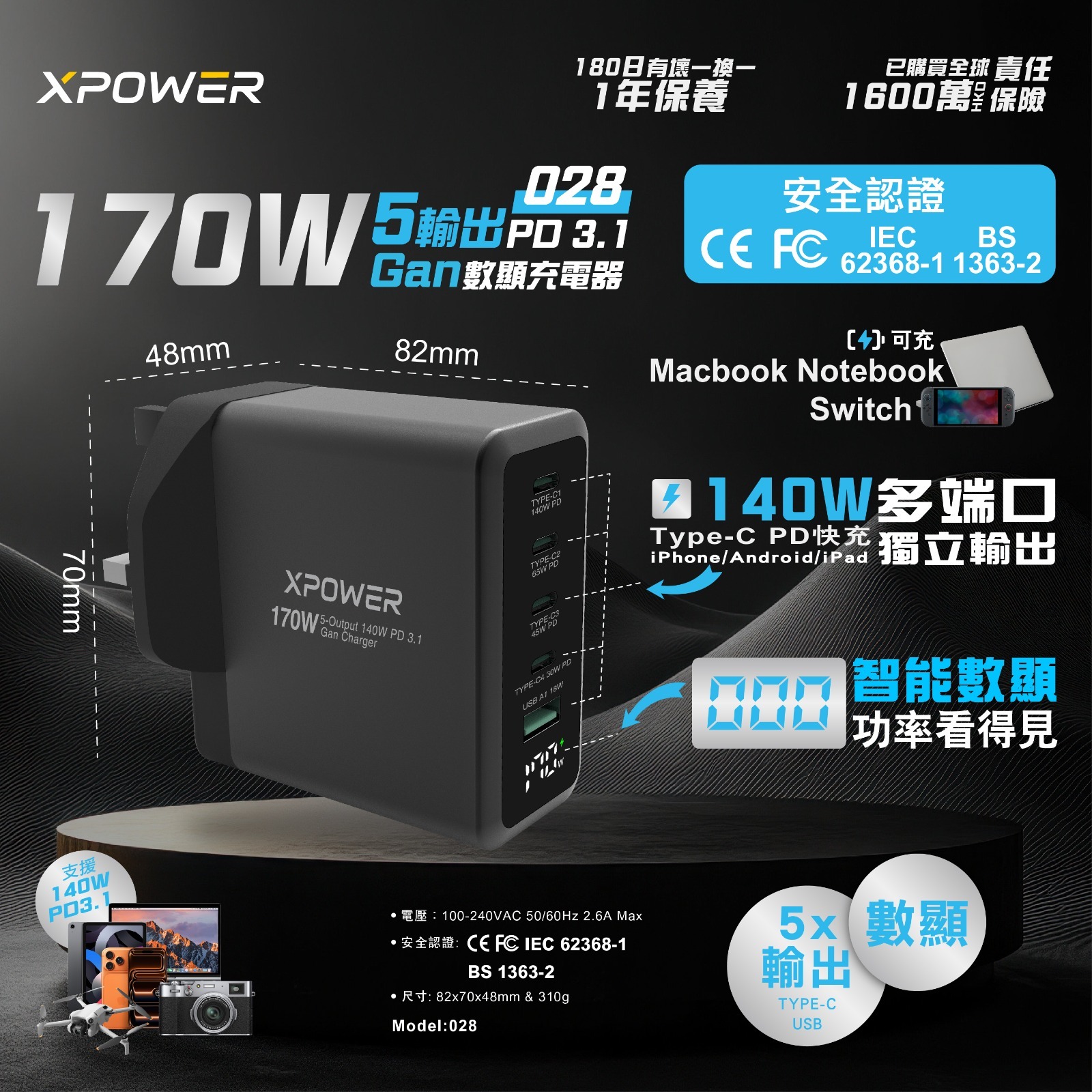 (預售產品)XPower 5輸出 PD 3.1 Gan數顯充電器 170W   028