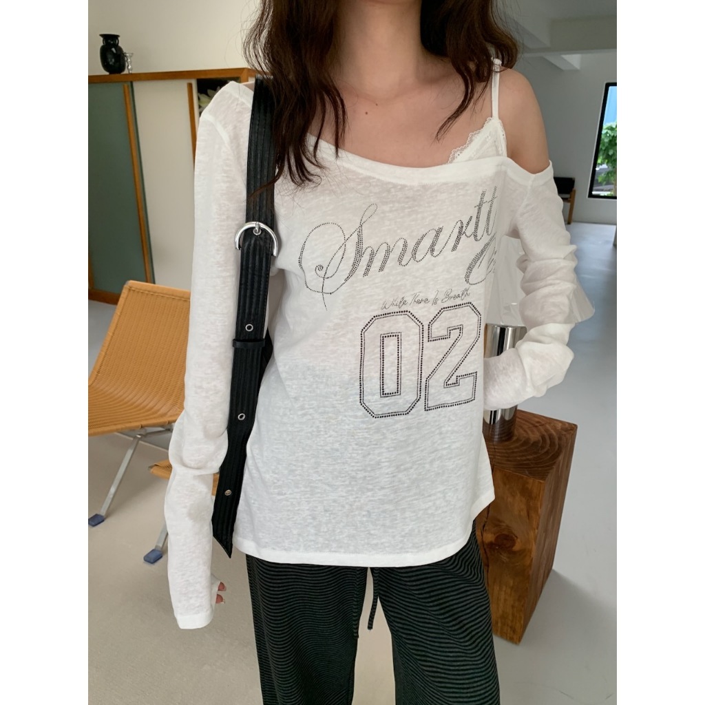 廣州選品🪂【imfine】很愛的透視感 蕾絲肩帶英文字透膚上衣 #9949