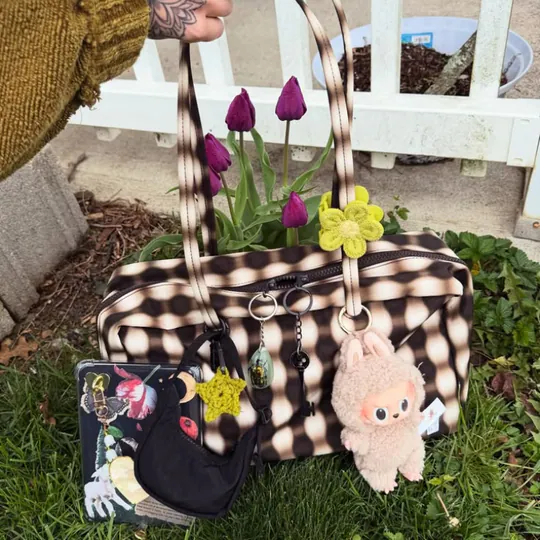 BAGGU Nylon Bowler Bag Blurred Gingham Brown