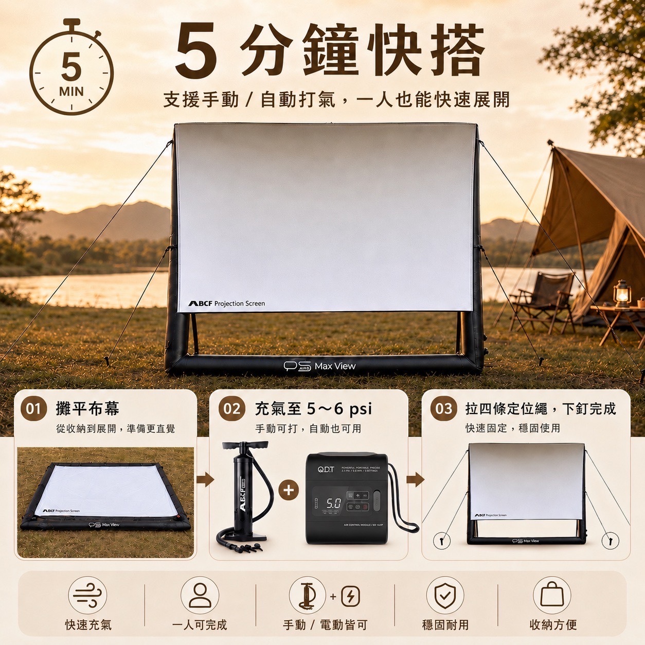 【MB露營狂 MBCF】PS充氣投影布幕 120 /100吋 (5分鐘展開)專利設計