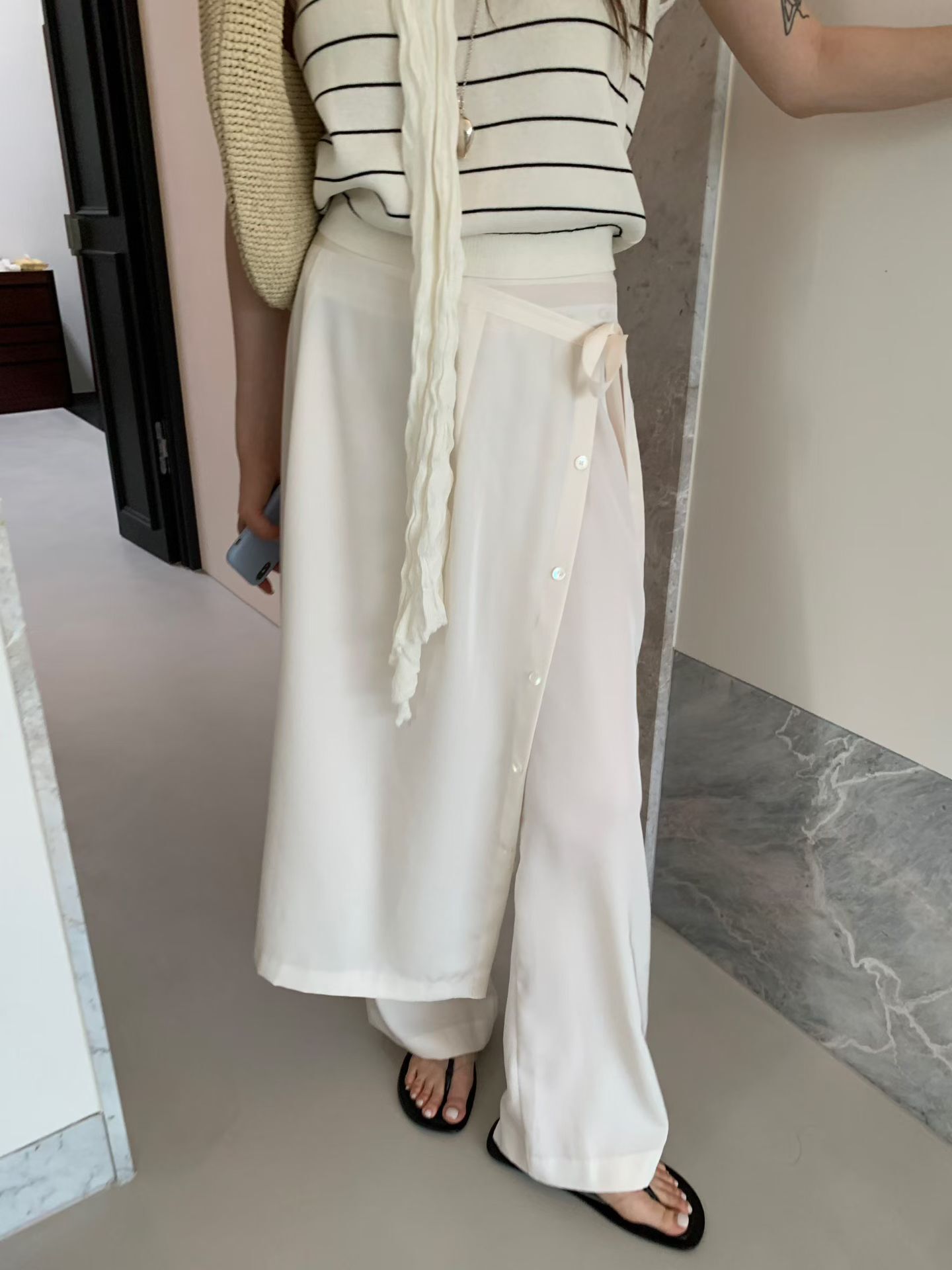 PS6251 鈕扣圍裹開衩長裙褲