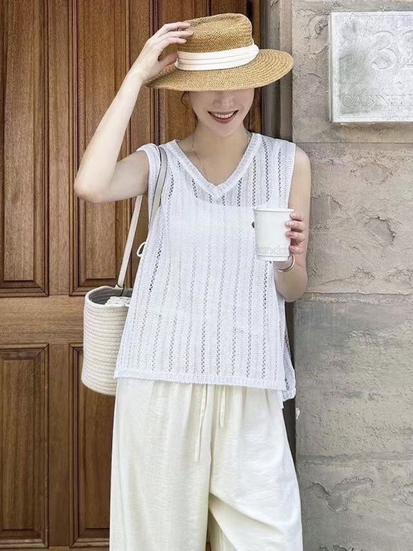 鏤空針織V領系列★夏日透膚感綁帶背心