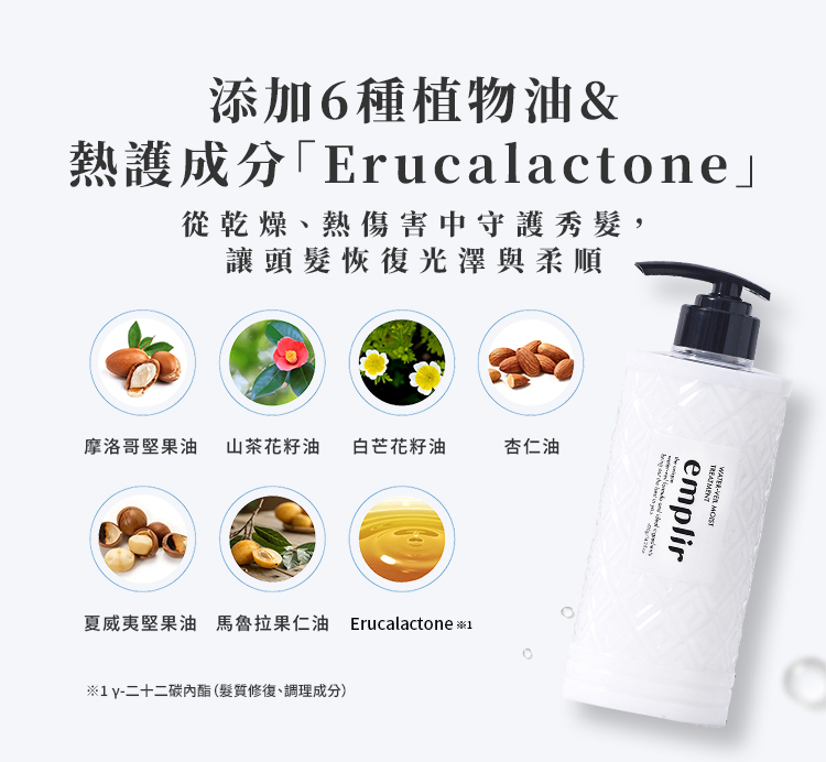 安珀麗護髮素有六種天然植物油與Erucalactone，能將熱力轉化為修護動力