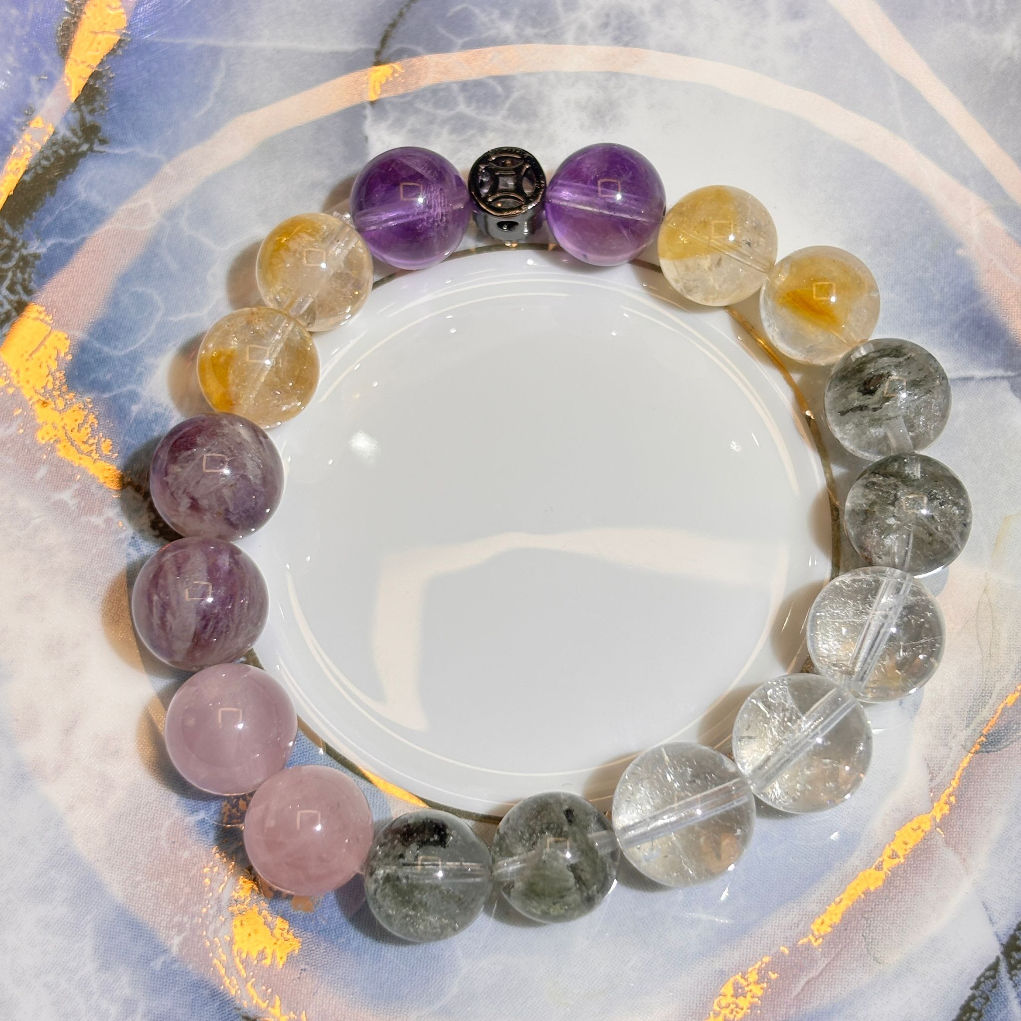 HKAG0523-011 開運 日式水晶手串 綠幽靈/白水晶/黃水晶/紫水晶/粉晶 (黑色配件) 11MM+ (A11)