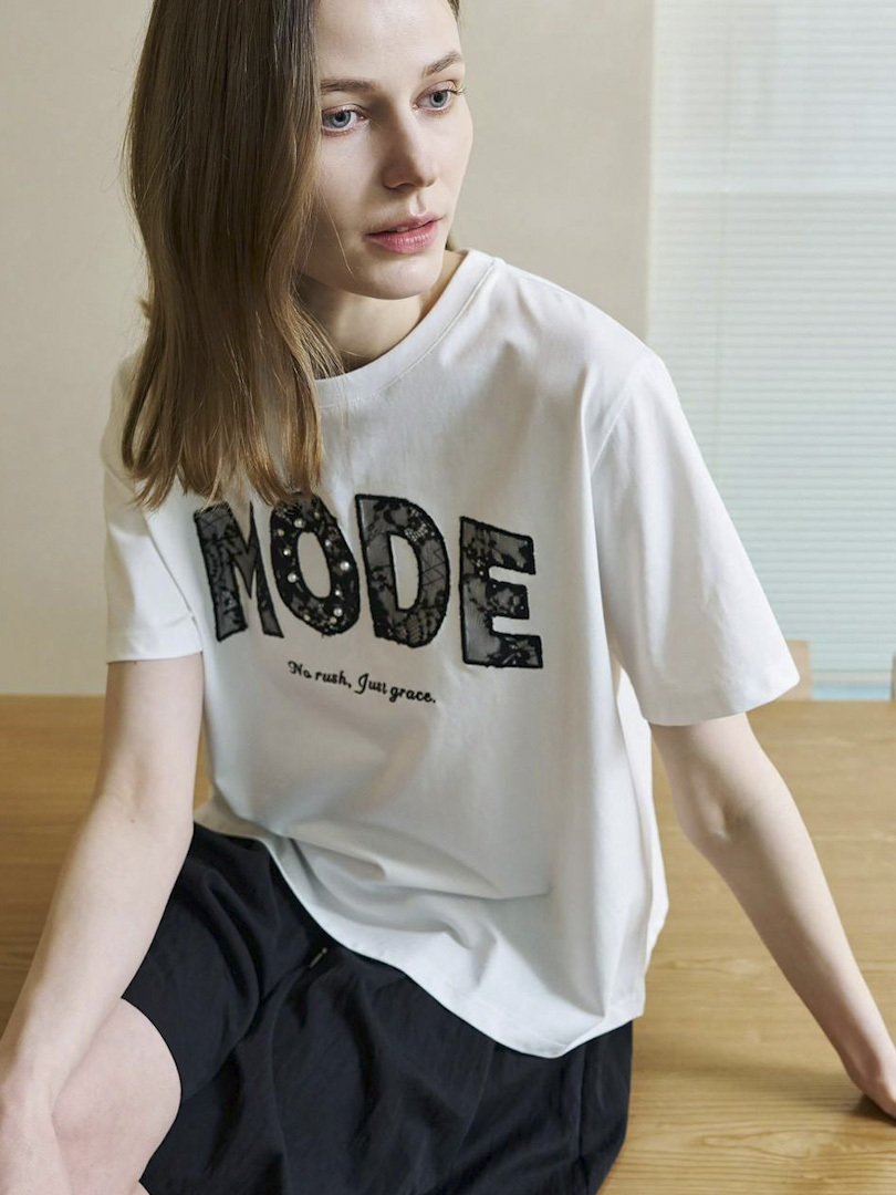 法式質感英文印花系列★MODE 蕾絲字母短T