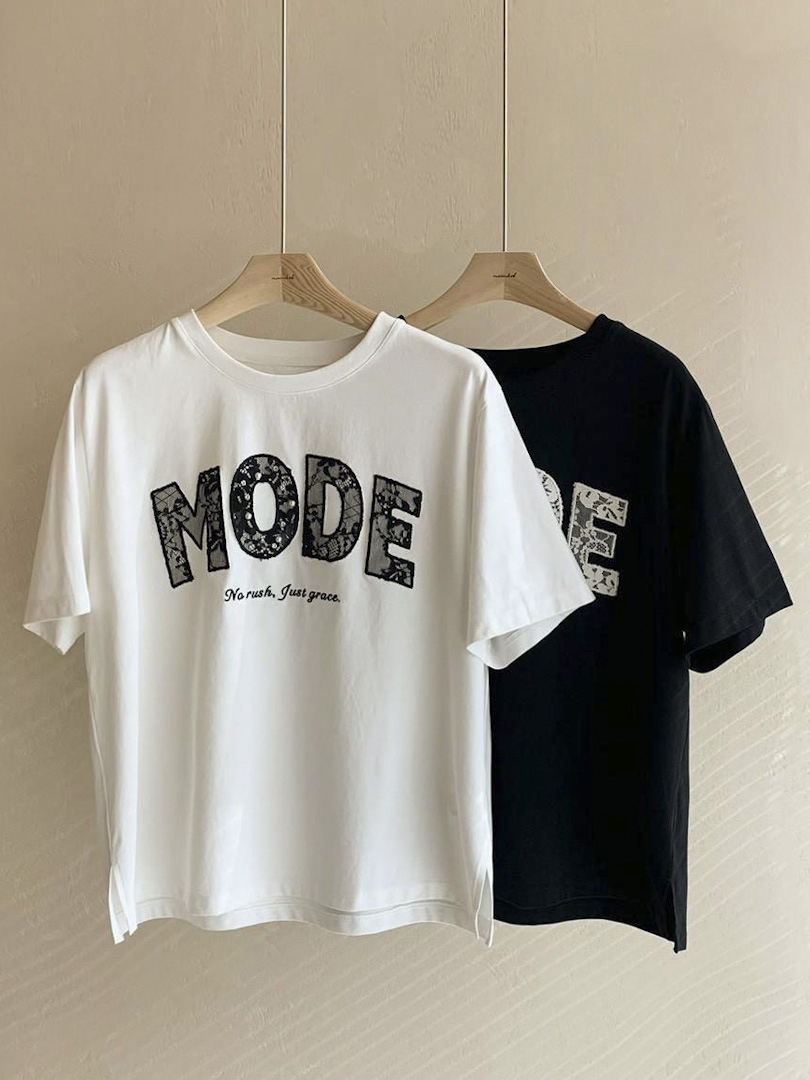 法式質感英文印花系列★MODE 蕾絲字母短T