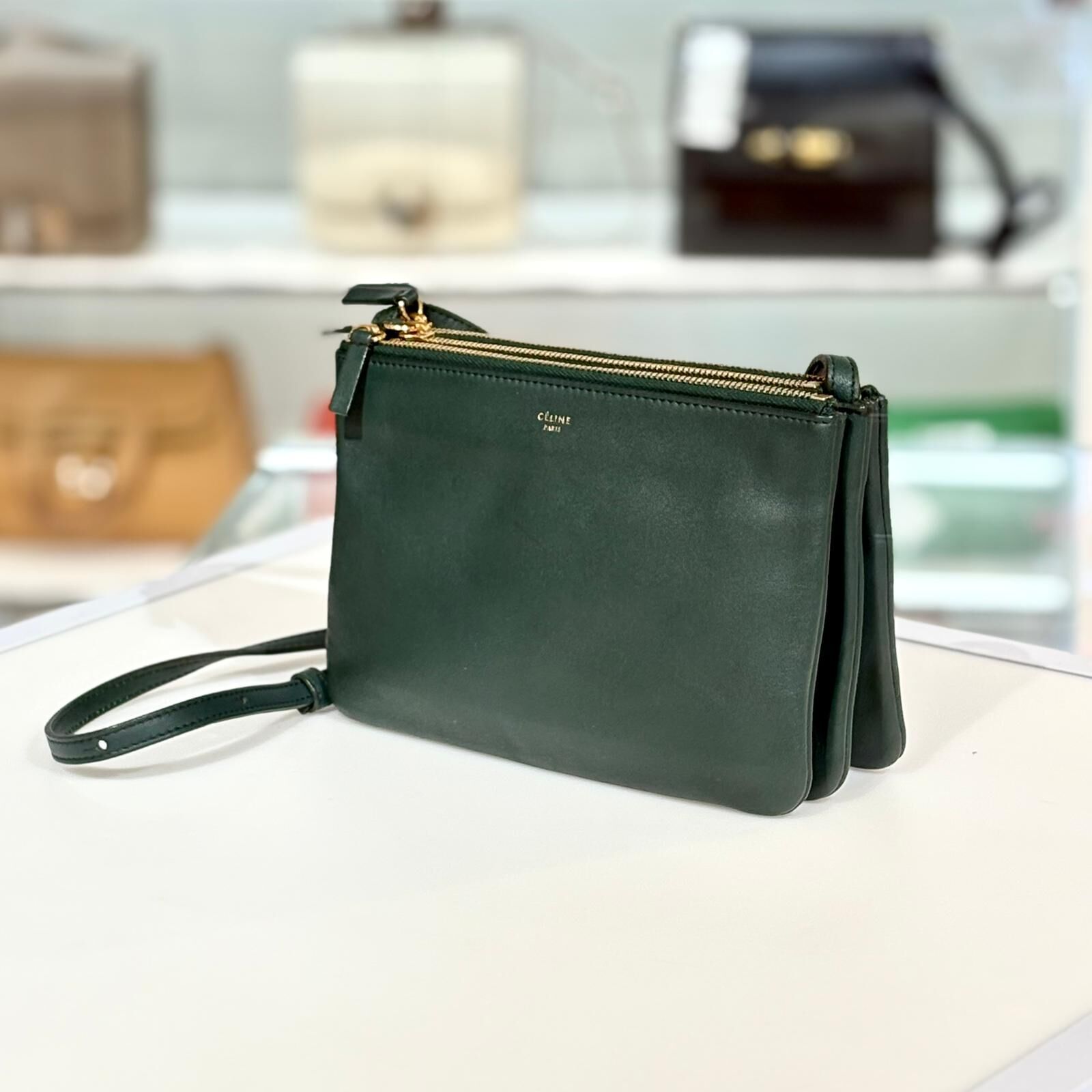 98%NEW二手CELINE Shoulder Bag 165113ANO31AN TRIO SMALL 深綠色小羊皮 #香榭站正品