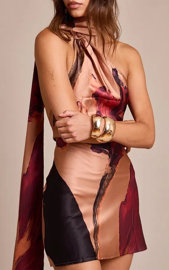 Nude Rose裸莓果色印花單肩絲巾Mini Dress