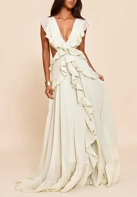 Soft Sage淺鼠尾草綠色露背荷葉開叉Maxi Dress